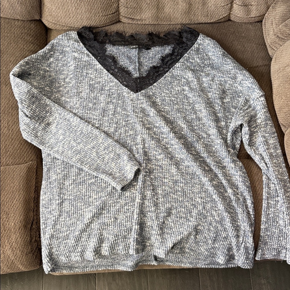 SHEIN Black and Gray Lace-Trimmed Sweater
